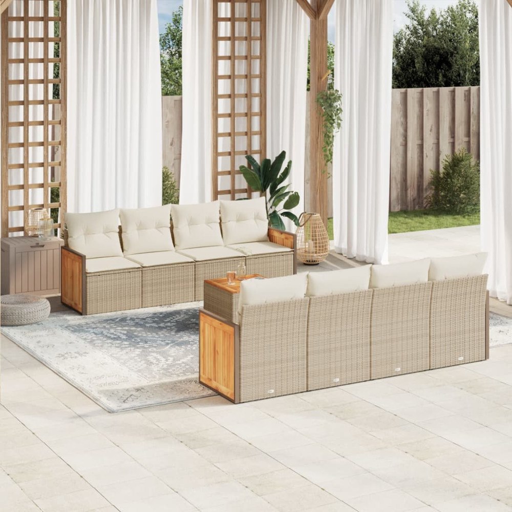 vidaXL Soffgrupp för trädgården med dynor 9 delar beige konstrotting