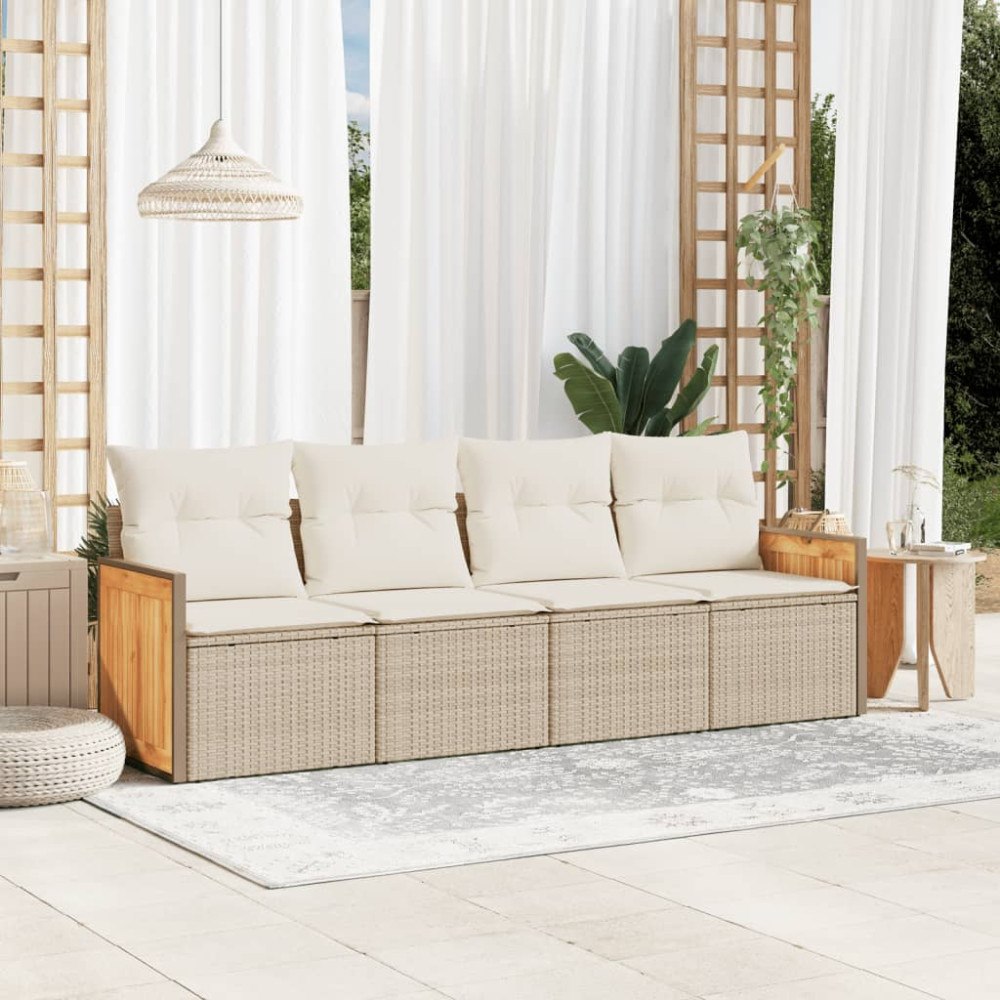 vidaXL Soffgrupp för trädgård med dynor 4 delar beige konstrotting