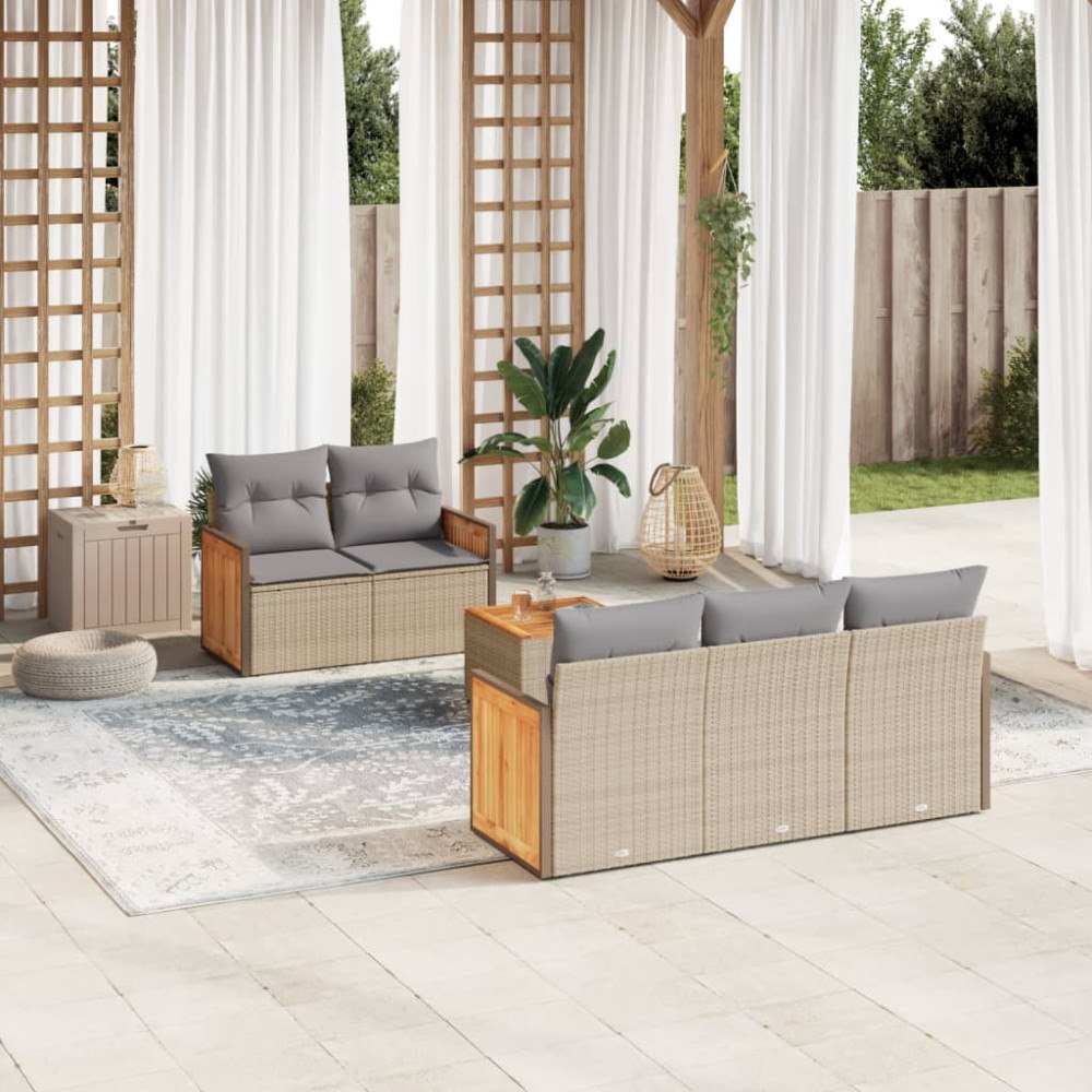 vidaXL Soffgrupp för trädgården med dynor 6 delar beige konstrotting