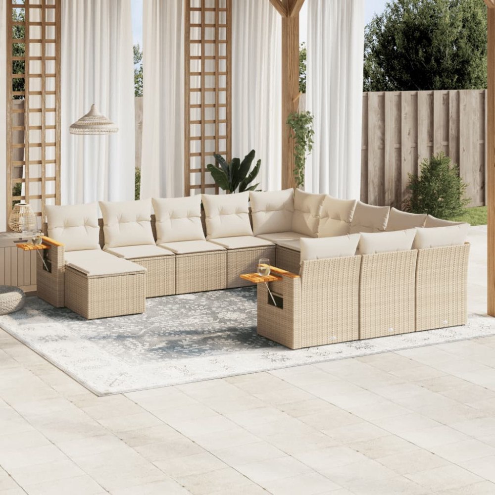 vidaXL Loungegrupp för trädgården m. dynor 11 delar beige konstrotting