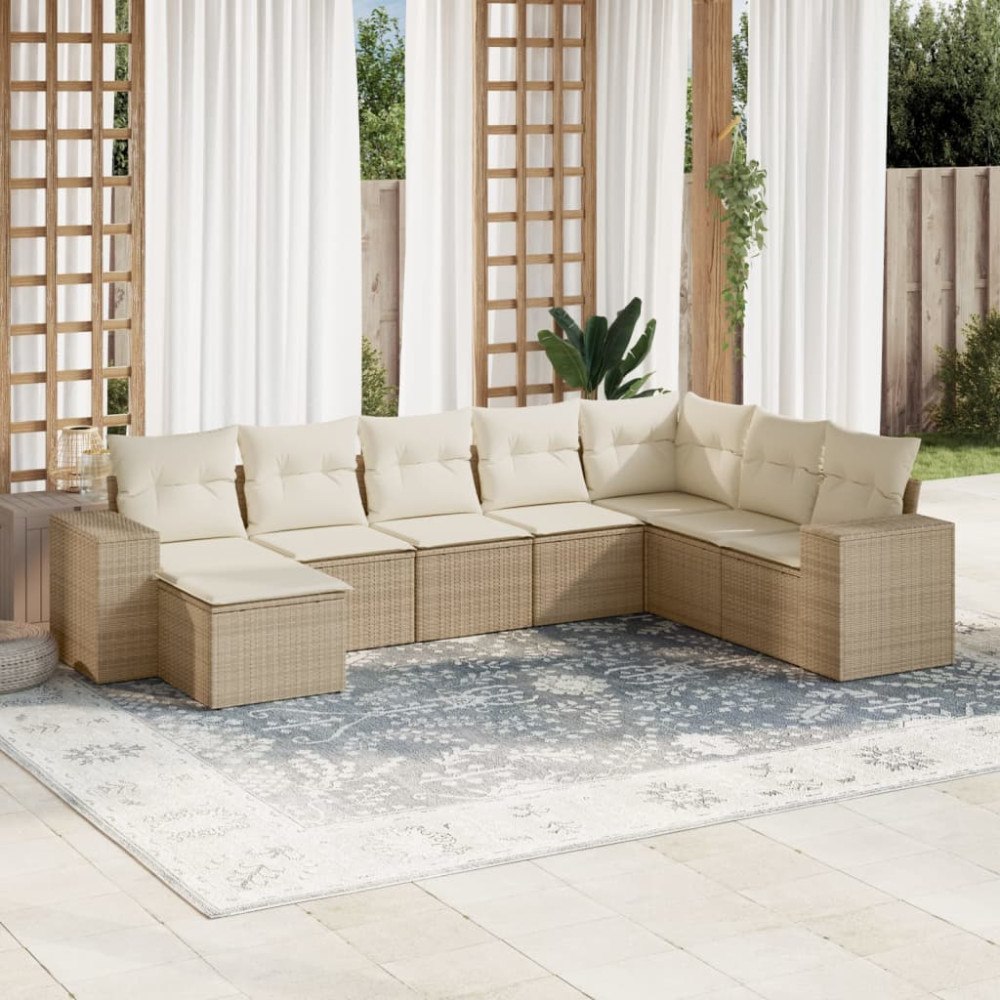 vidaXL Matgrupp för trädgården med dynor 8 delar beige konstrotting