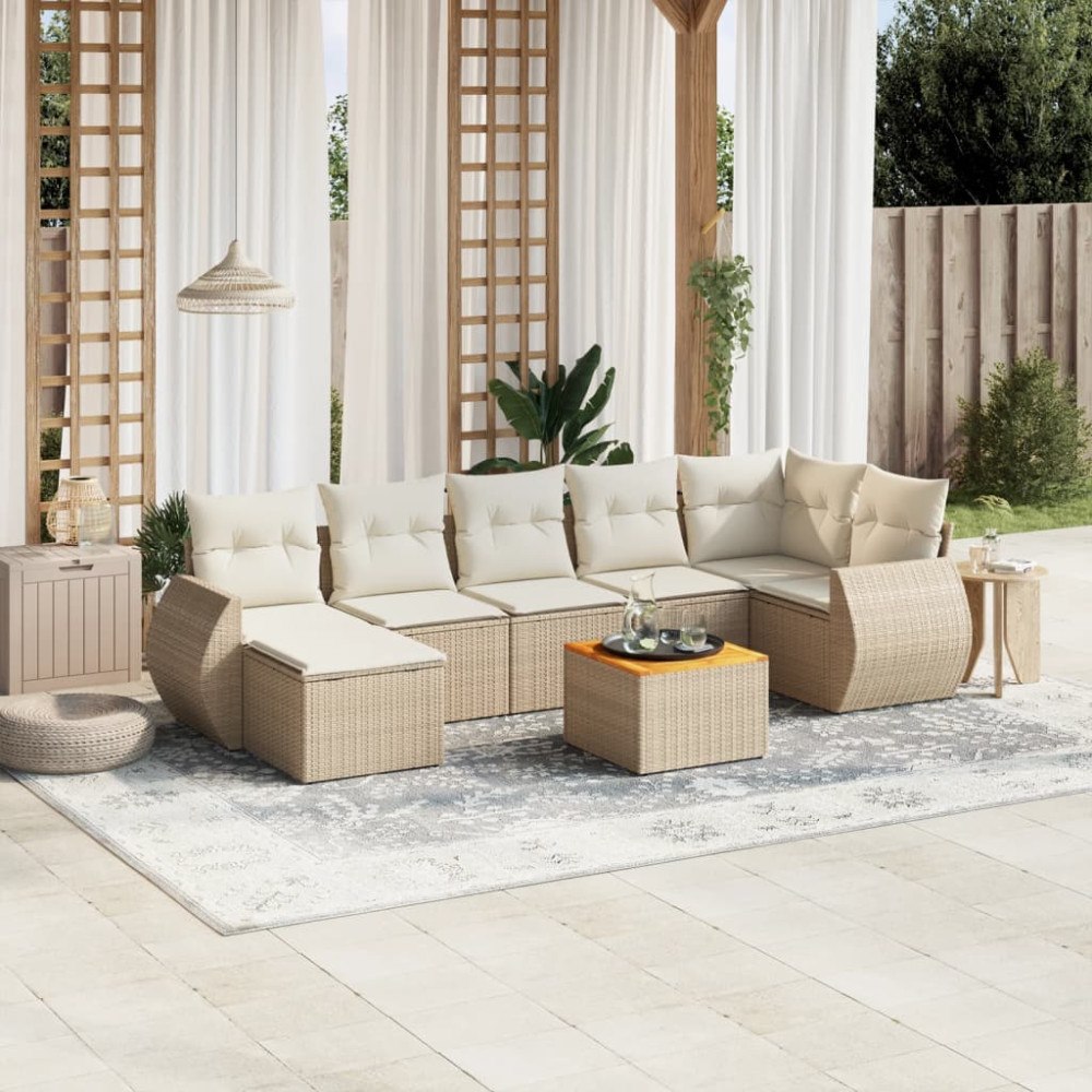 vidaXL Matgrupp för trädgården med dynor 8 delar beige konstrotting