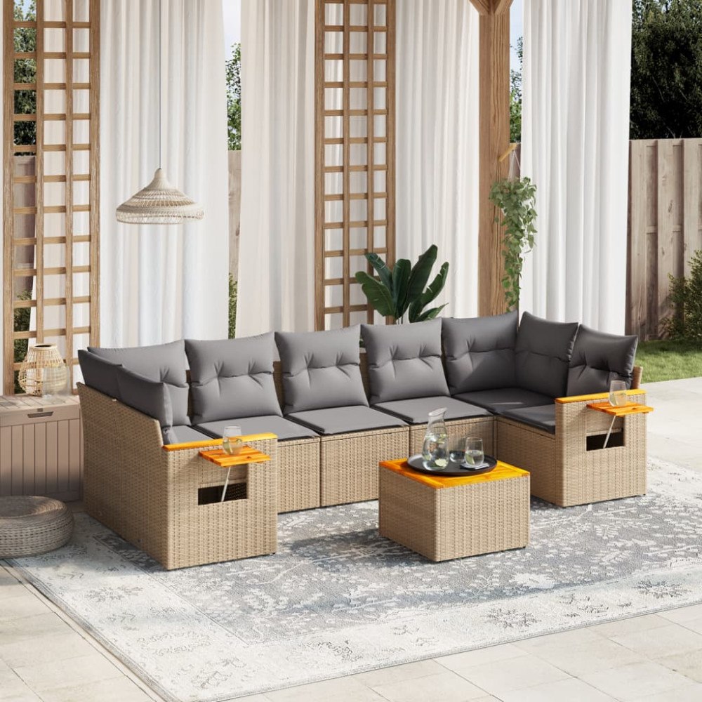 vidaXL Matgrupp för trädgården med dynor 8 delar beige konstrotting