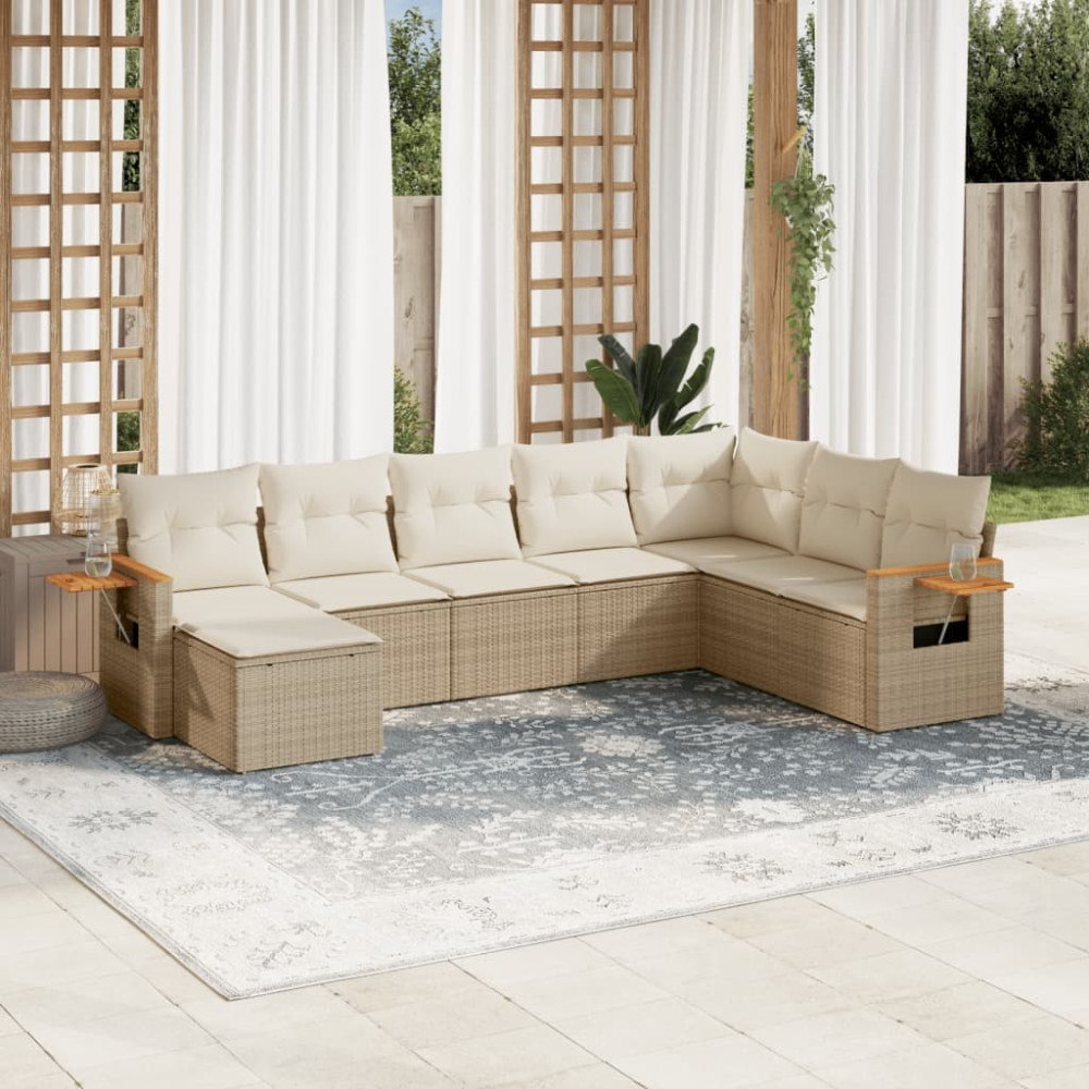 vidaXL Matgrupp för trädgården med dynor 8 delar beige konstrotting