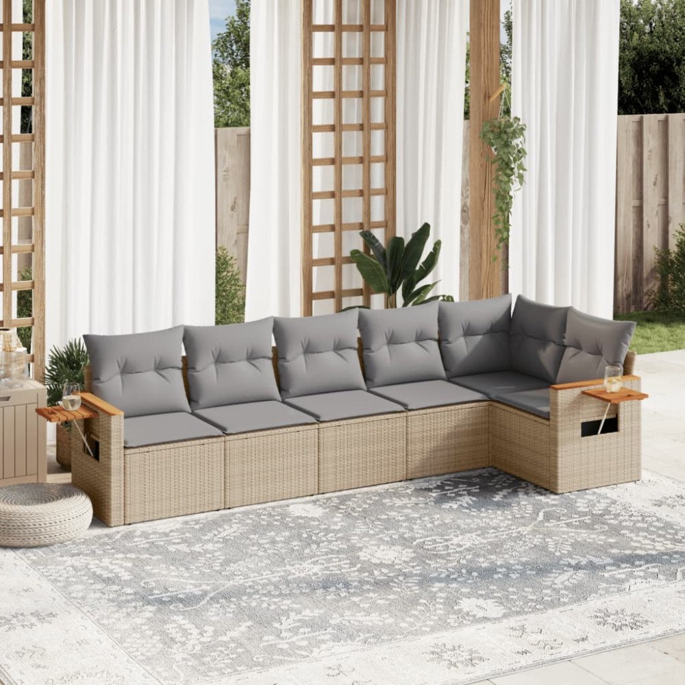 vidaXL Soffgrupp för trädgården med dynor 6 delar beige konstrotting