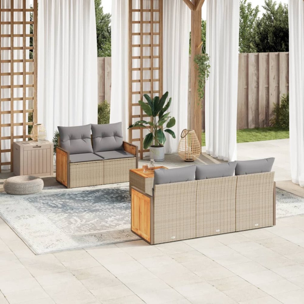 vidaXL Soffgrupp för trädgården med dynor 6 delar beige konstrotting