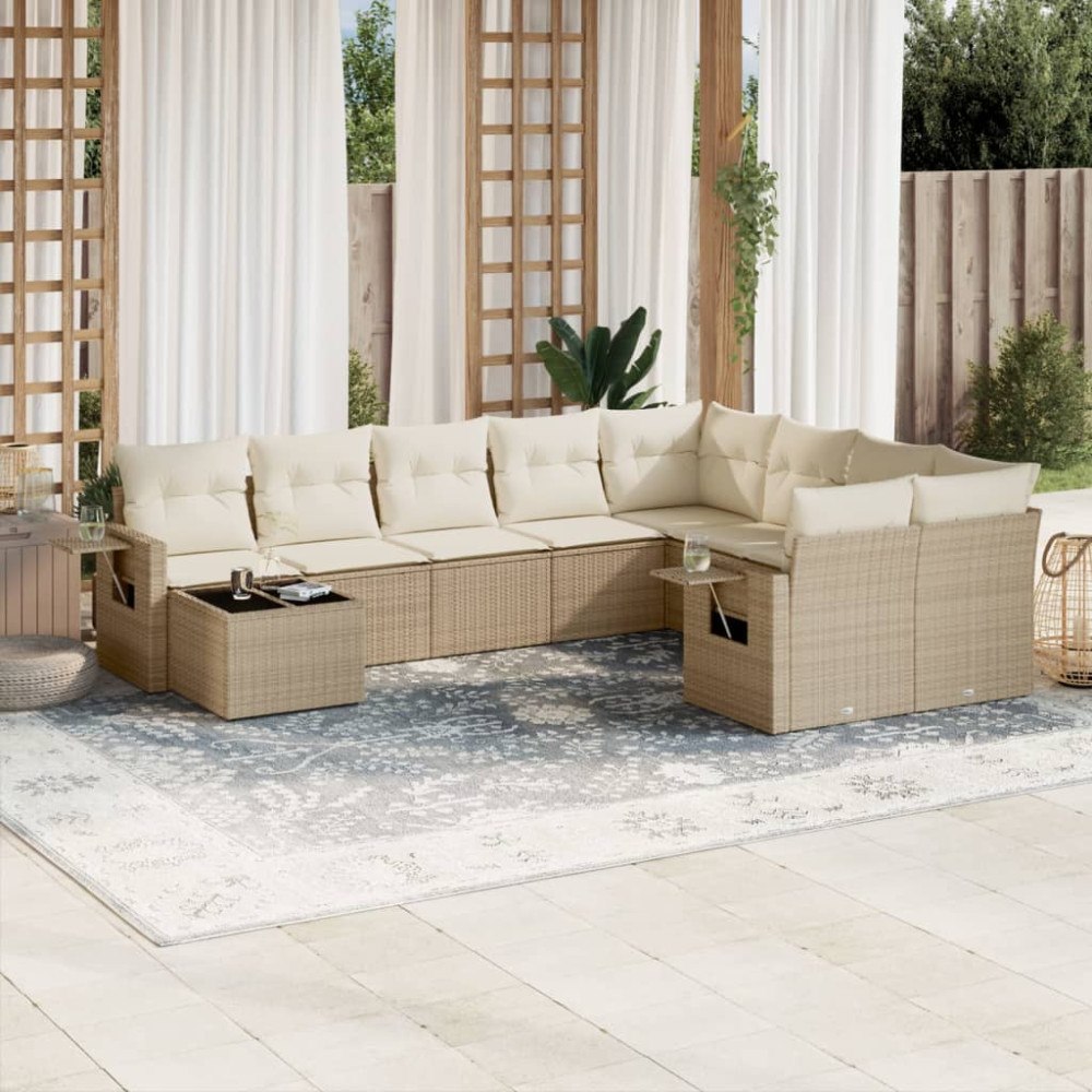 vidaXL Soffgrupp för trädgård med dynor 10 delar beige konstrotting