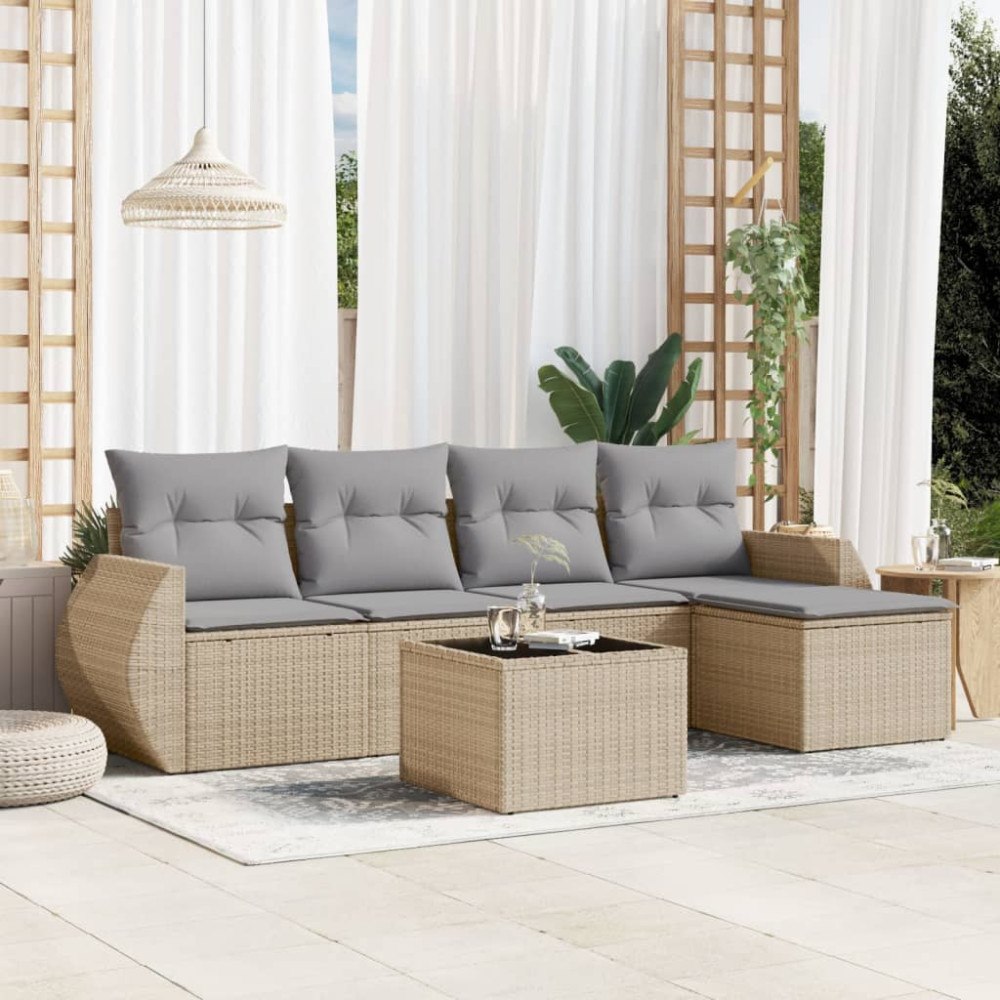 vidaXL Soffgrupp för trädgården med dynor 6 delar beige konstrotting