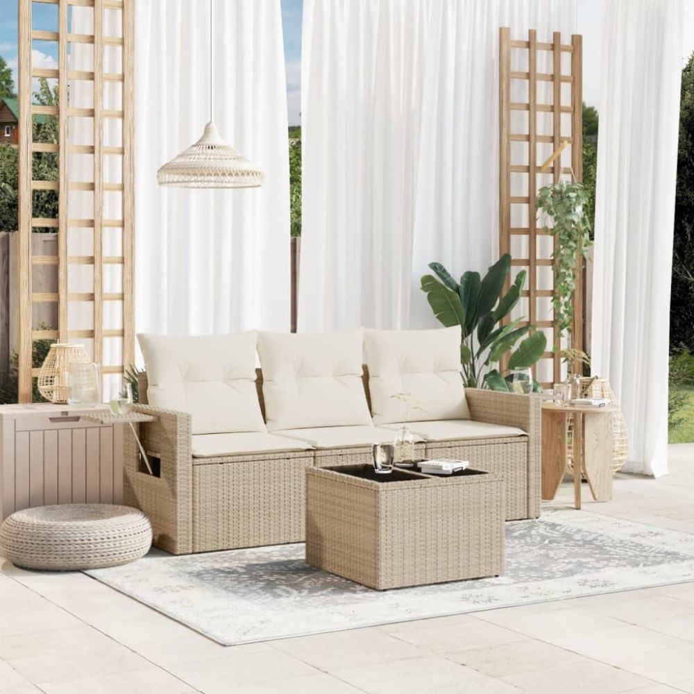 vidaXL Soffgrupp för trädgård med dynor 4 delar beige konstrotting