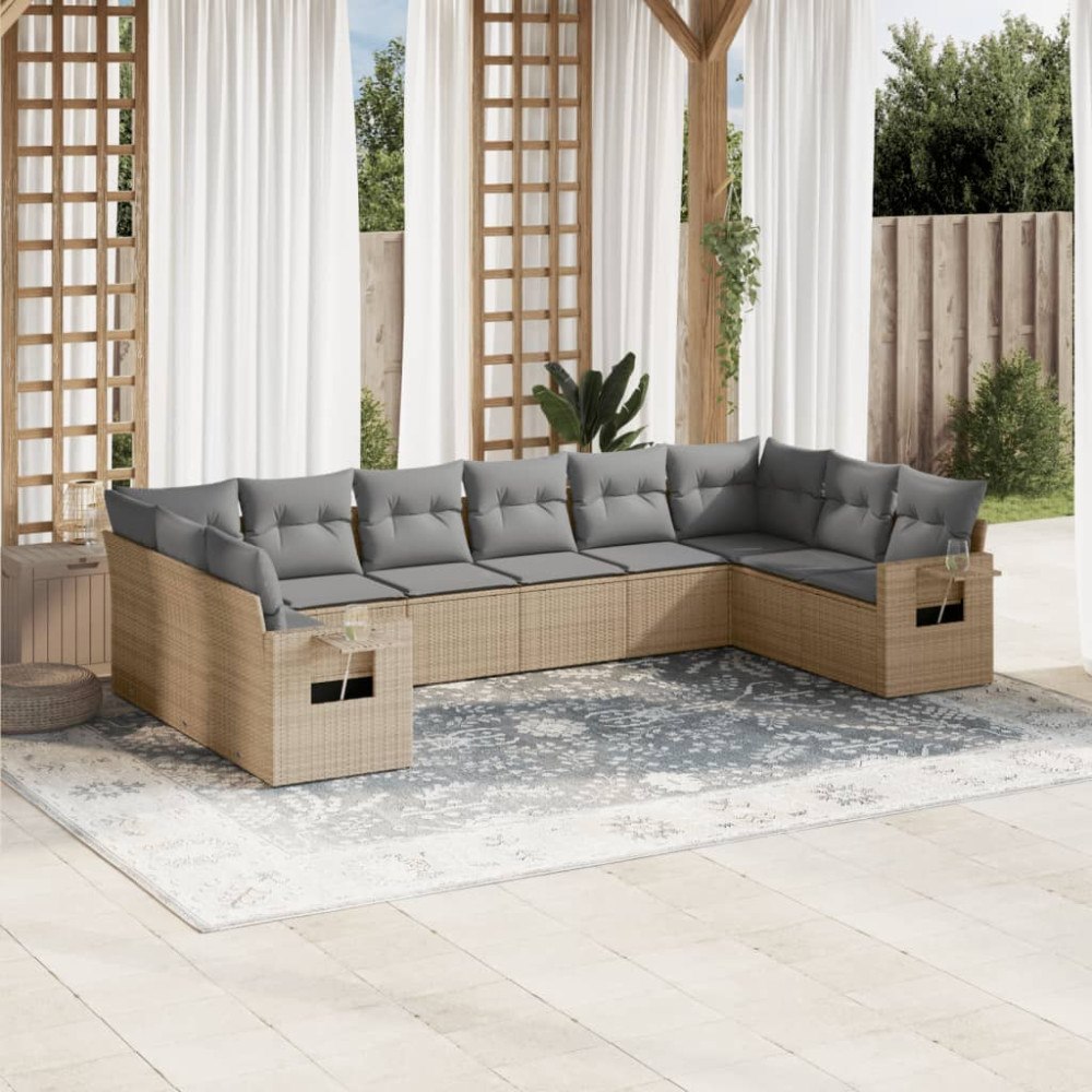 vidaXL Soffgrupp för trädgård med dynor 10 delar beige konstrotting