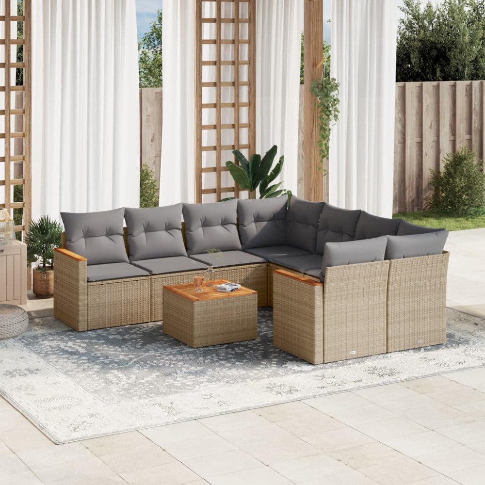 vidaXL Soffgrupp för trädgården med dynor 9 delar beige konstrotting