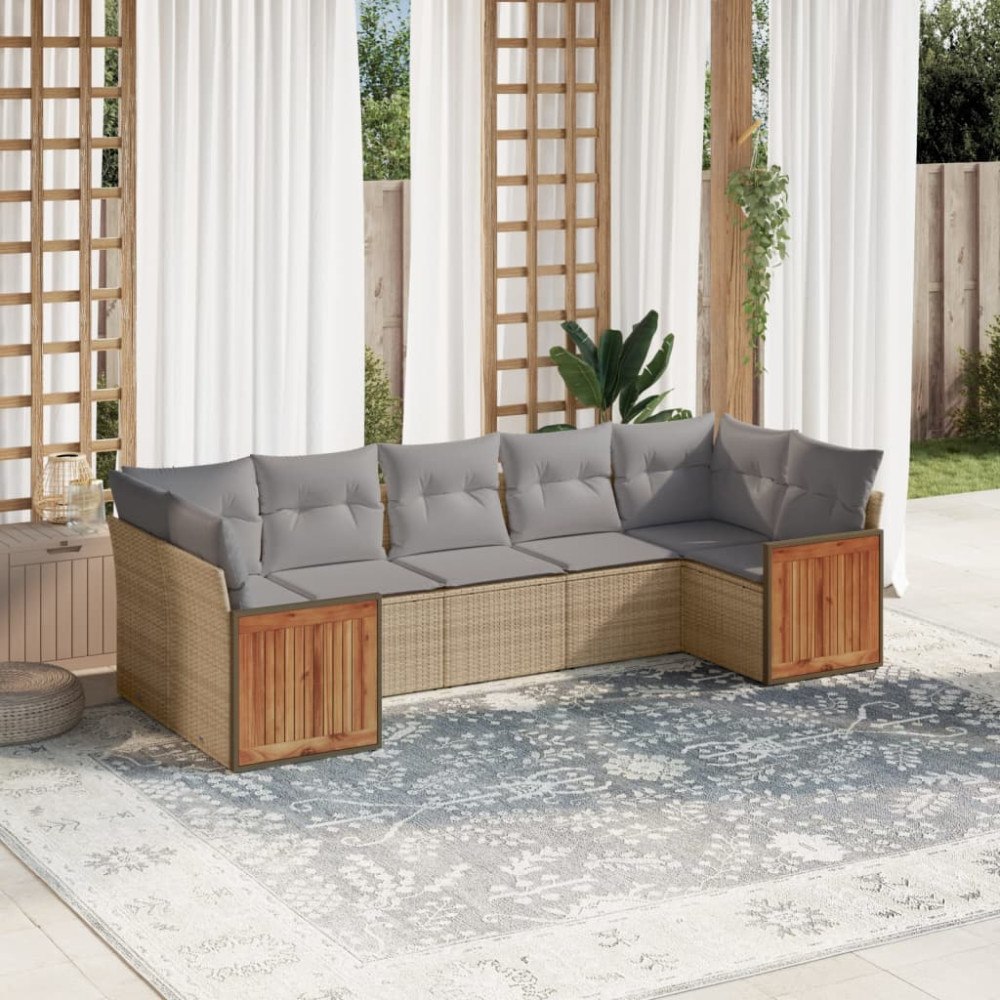 vidaXL Matgrupp för trädgården med dynor 7 delar beige konstrotting