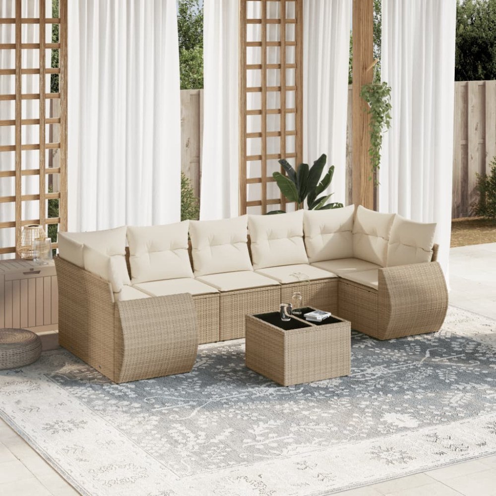 vidaXL Matgrupp för trädgården med dynor 8 delar beige konstrotting