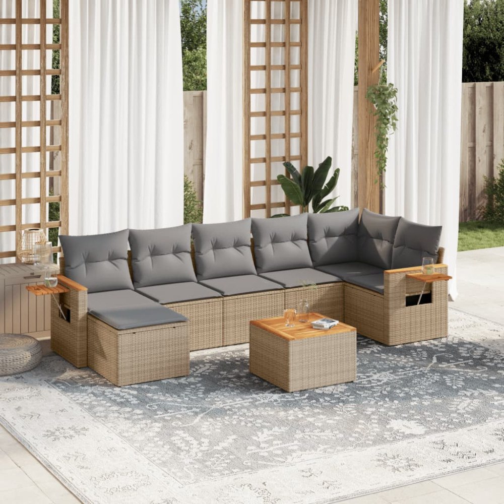 vidaXL Matgrupp för trädgården med dynor 8 delar beige konstrotting