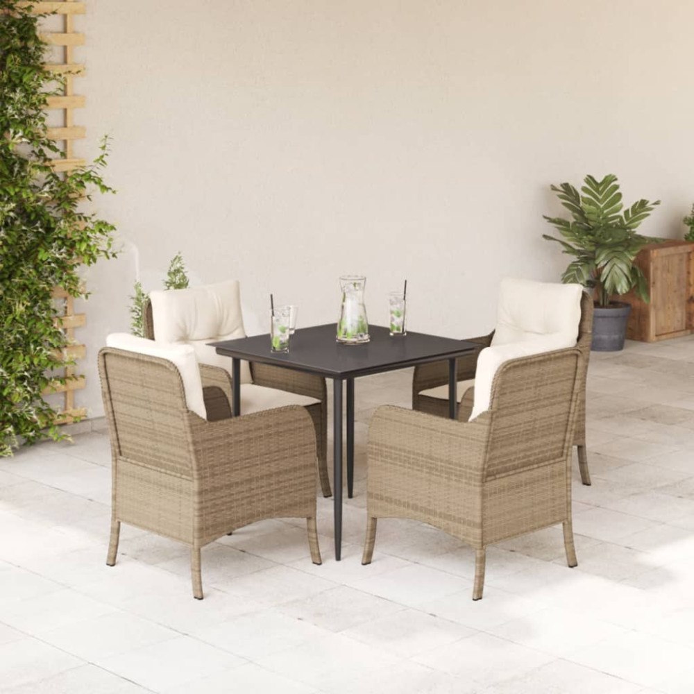 vidaXL Matgrupp för trädgården med dynor 5 delar beige konstrotting