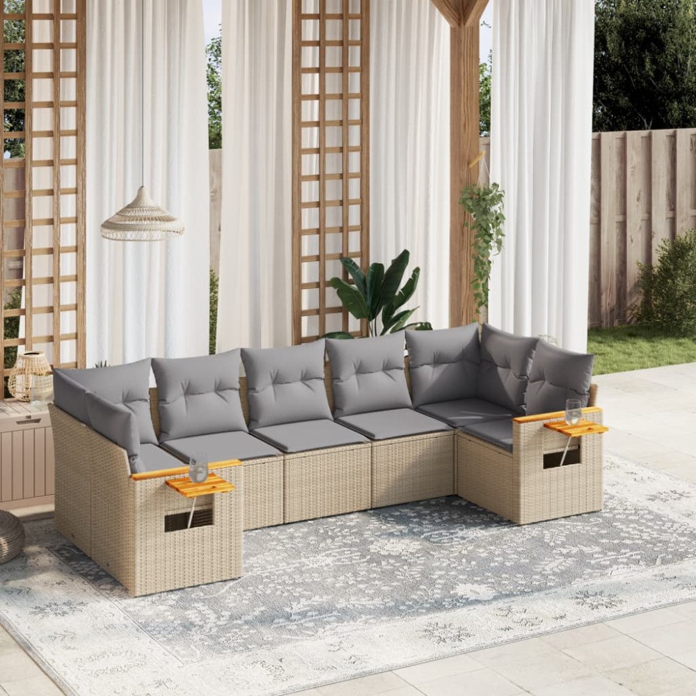 vidaXL Matgrupp för trädgården med dynor 7 delar beige konstrotting
