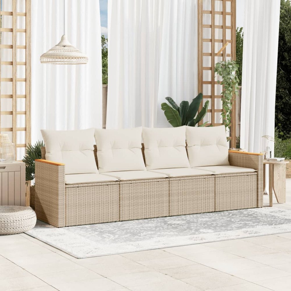 vidaXL Soffgrupp för trädgård med dynor 4 delar beige konstrotting