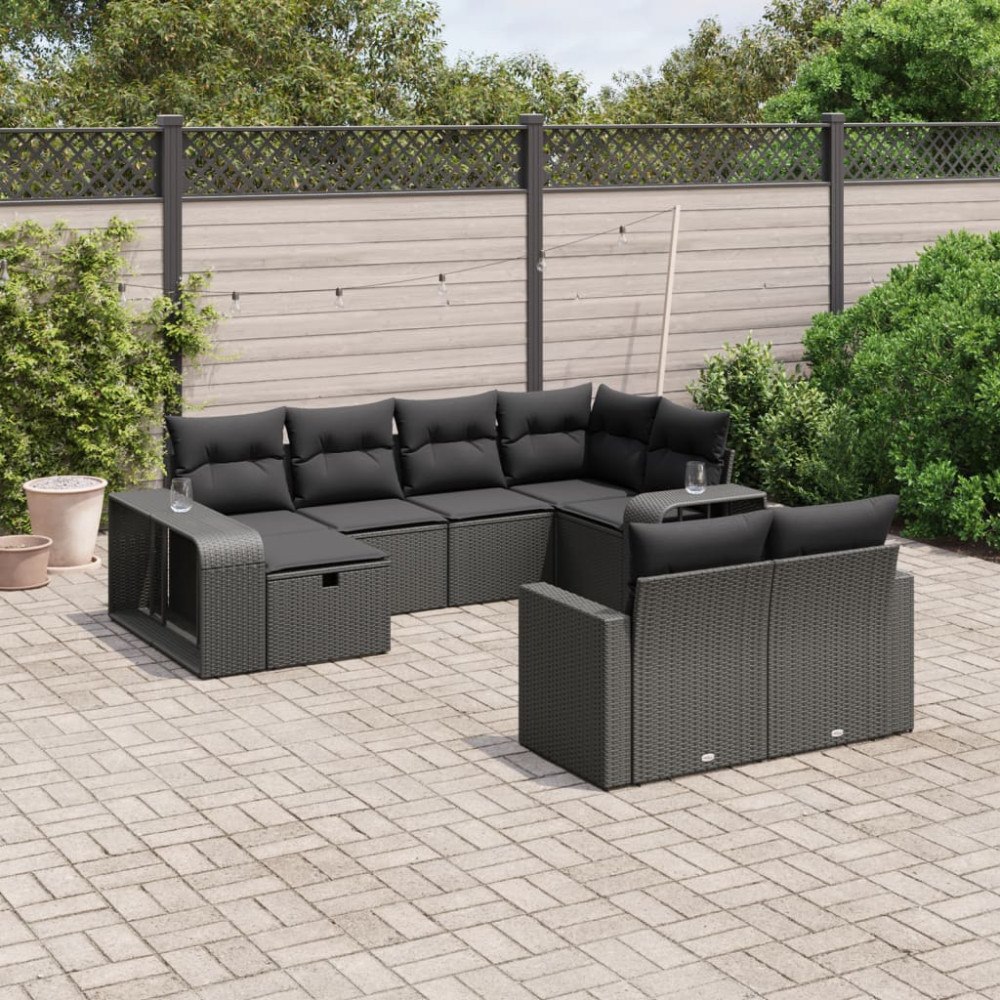 vidaXL Loungegrupp 10 delar med svarta dynor konstrotting