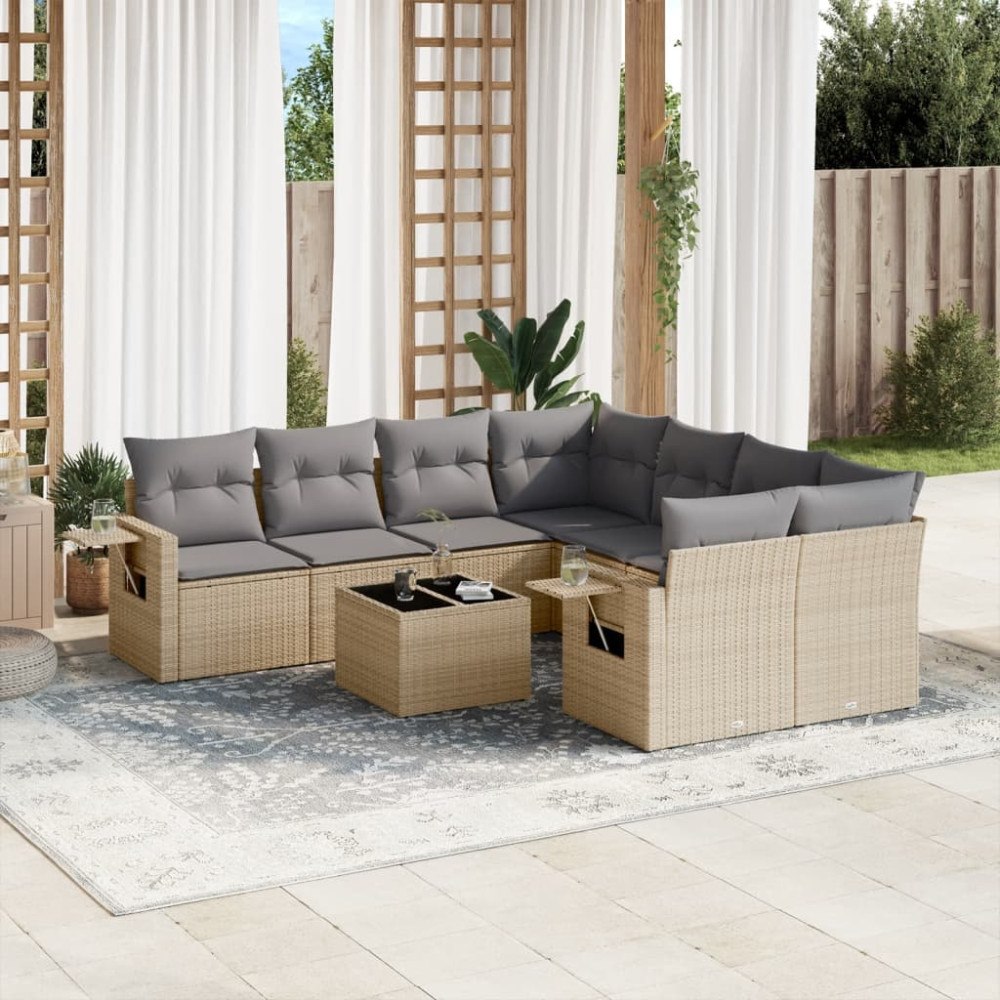 vidaXL Soffgrupp för trädgården med dynor 9 delar beige konstrotting