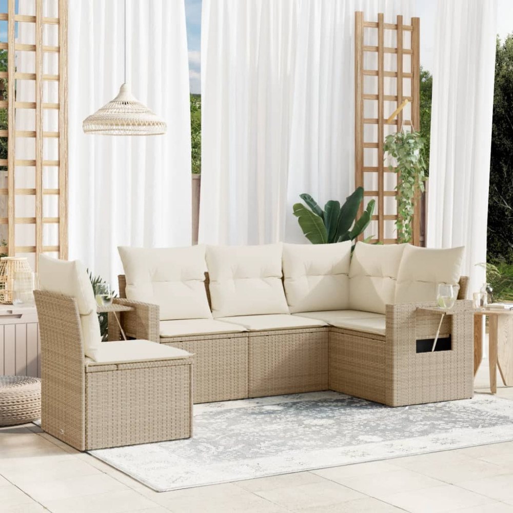 vidaXL Soffgrupp för trädgården med dynor 5 delar beige konstrotting