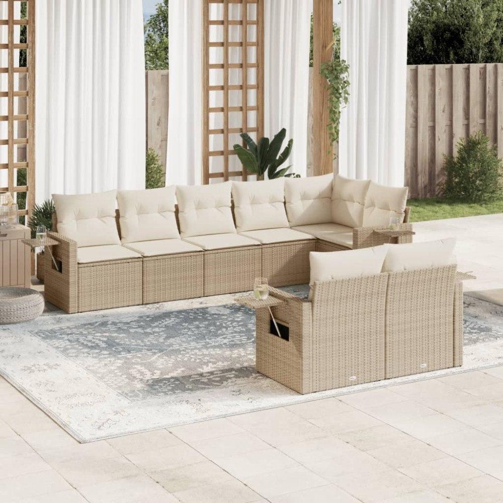 vidaXL Matgrupp för trädgården med dynor 8 delar beige konstrotting