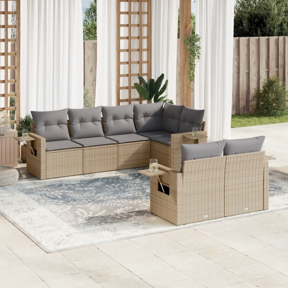 vidaXL Matgrupp för trädgården med dynor 7 delar beige konstrotting
