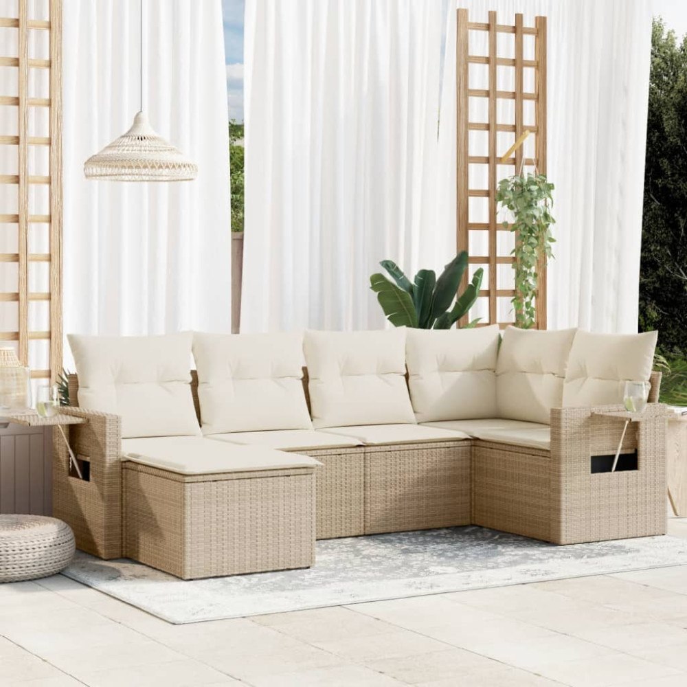 vidaXL Soffgrupp för trädgården med dynor 6 delar beige konstrotting