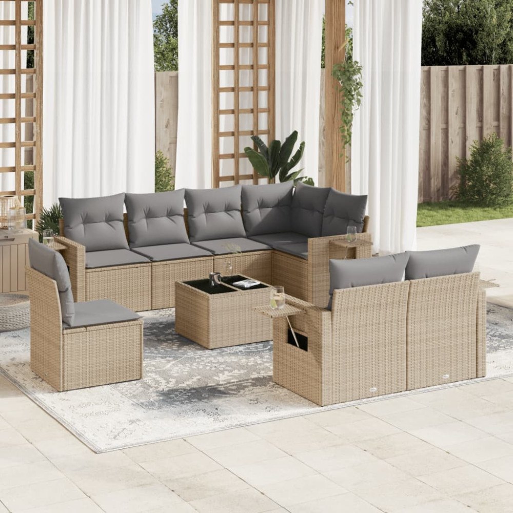 vidaXL Soffgrupp för trädgården med dynor 9 delar beige konstrotting