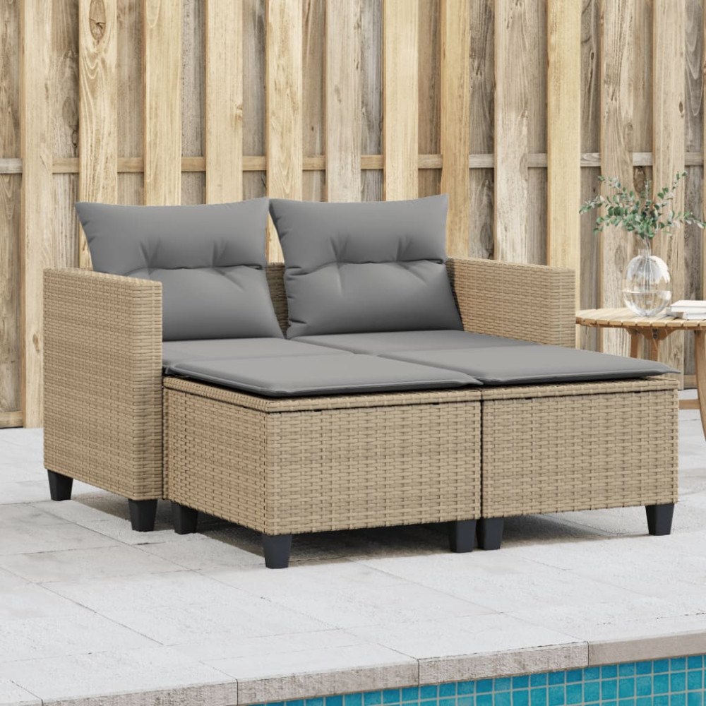 vidaXL Trädgårdssoffa 2-sits med pallar beige konstrotting