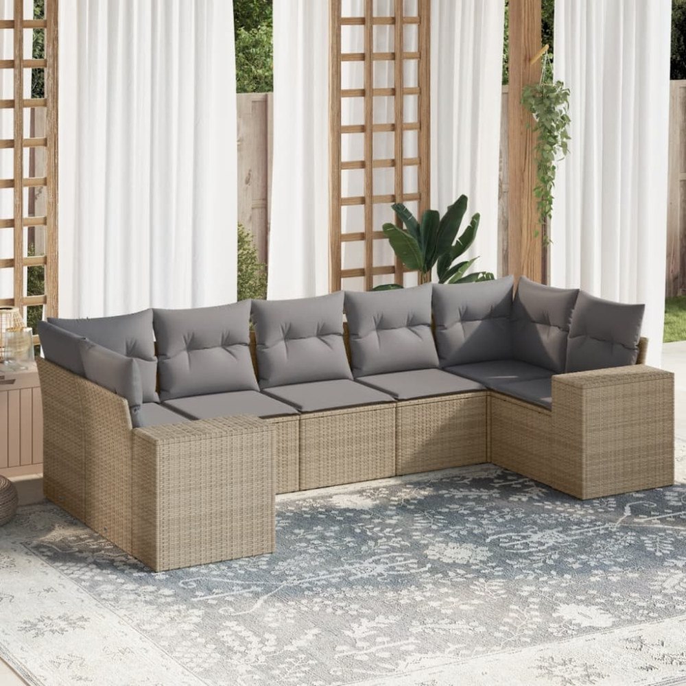 vidaXL Matgrupp för trädgården med dynor 7 delar beige konstrotting