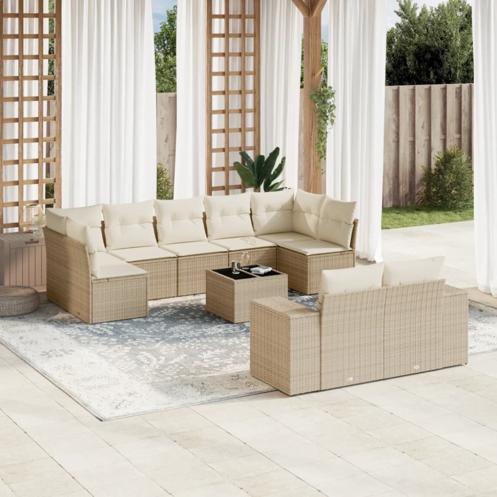 vidaXL Soffgrupp för trädgård med dynor 10 delar beige konstrotting
