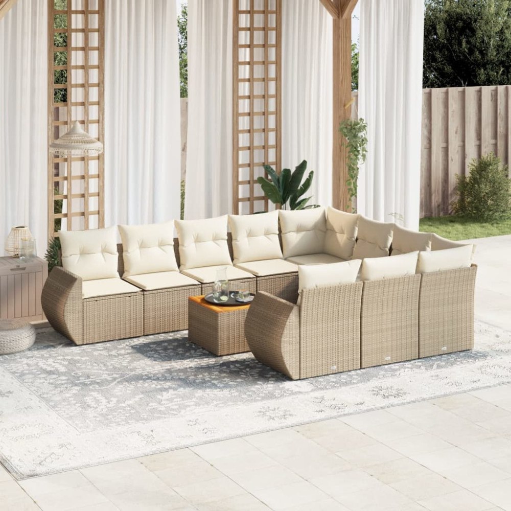 vidaXL Loungegrupp för trädgården m. dynor 11 delar beige konstrotting