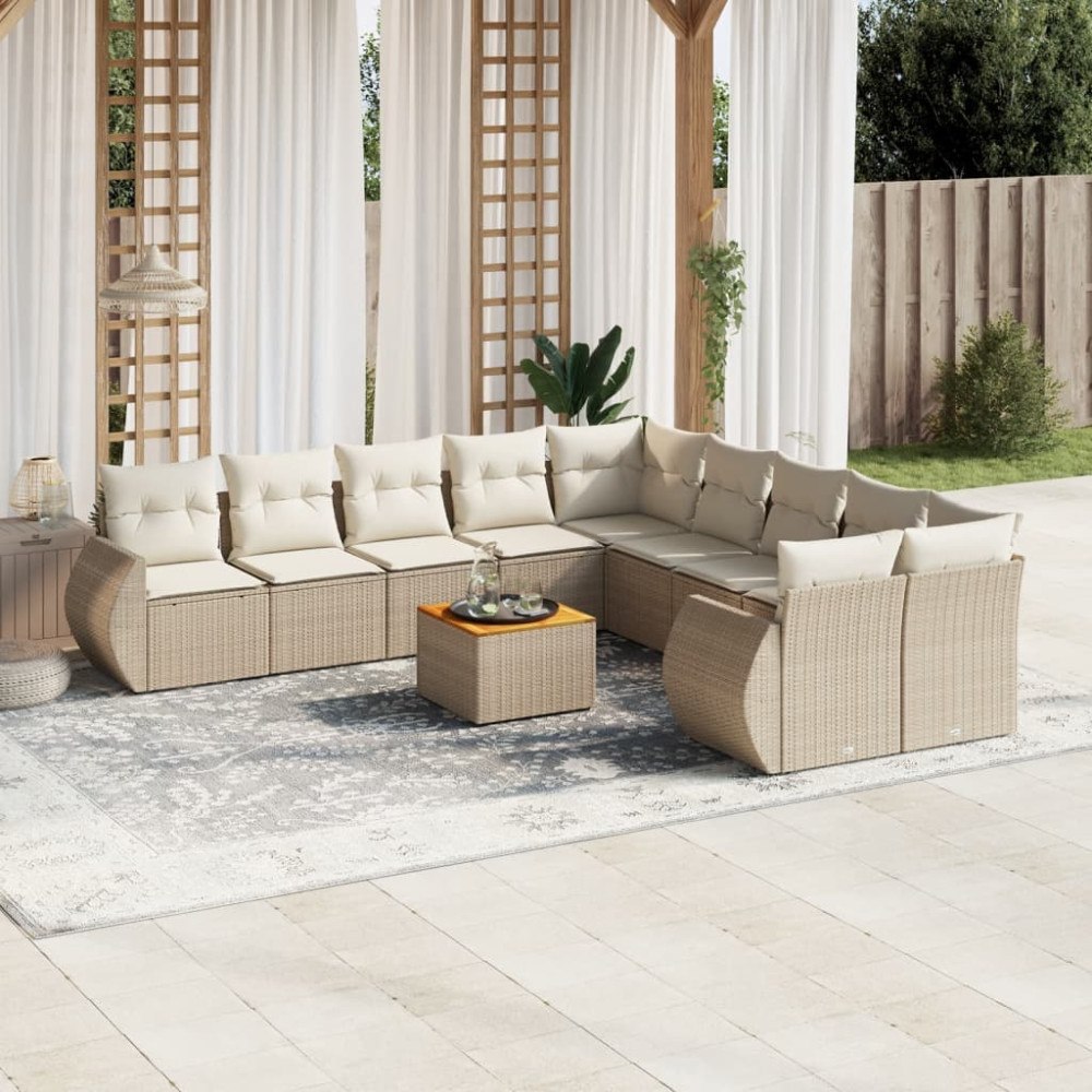 vidaXL Loungegrupp för trädgården m. dynor 11 delar beige konstrotting
