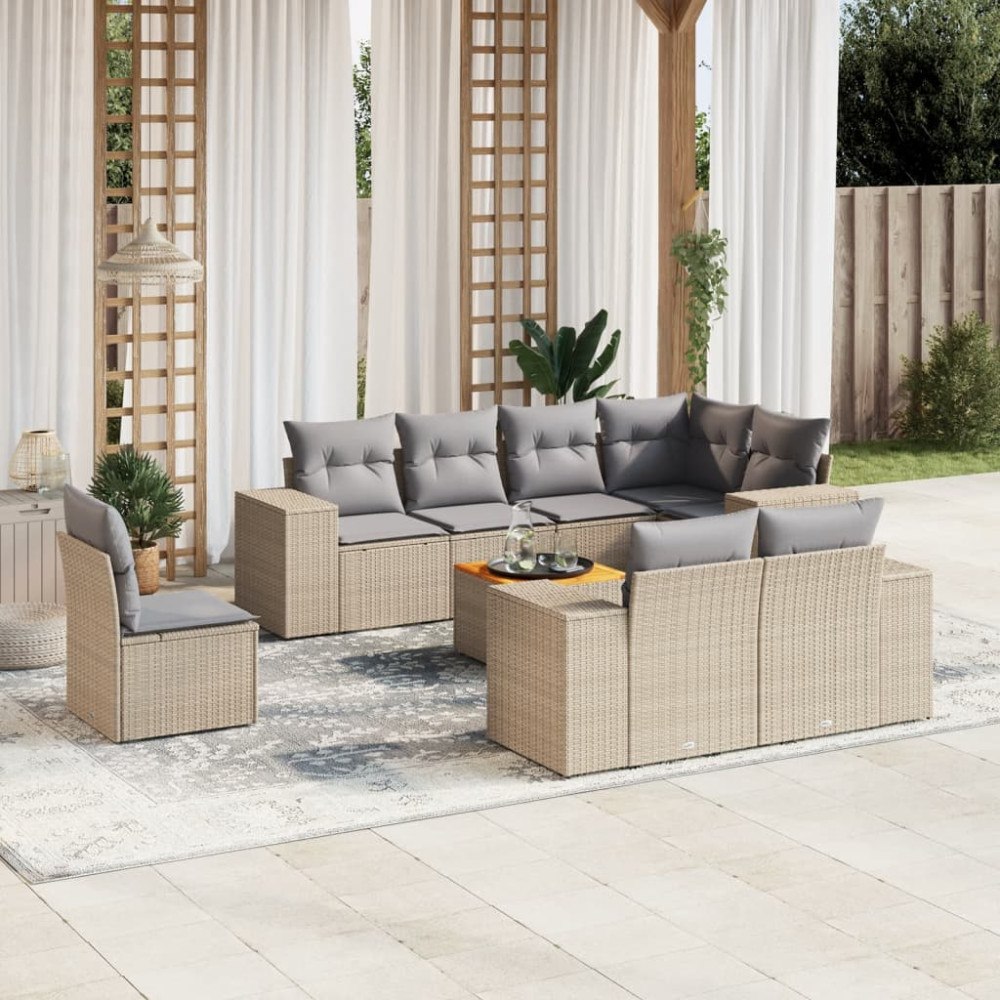 vidaXL Soffgrupp för trädgården med dynor 9 delar beige konstrotting