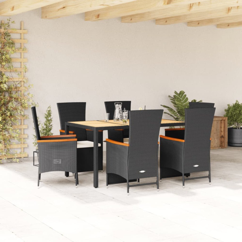 vidaXL Matgrupp för trädgården med dynor 7 delar svart konstrotting