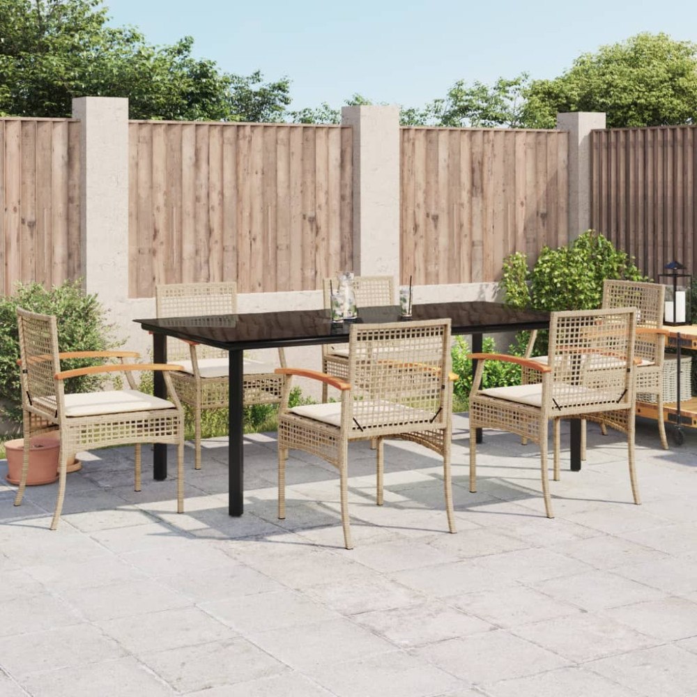 vidaXL Matgrupp för trädgården med dynor 7 delar beige konstrotting