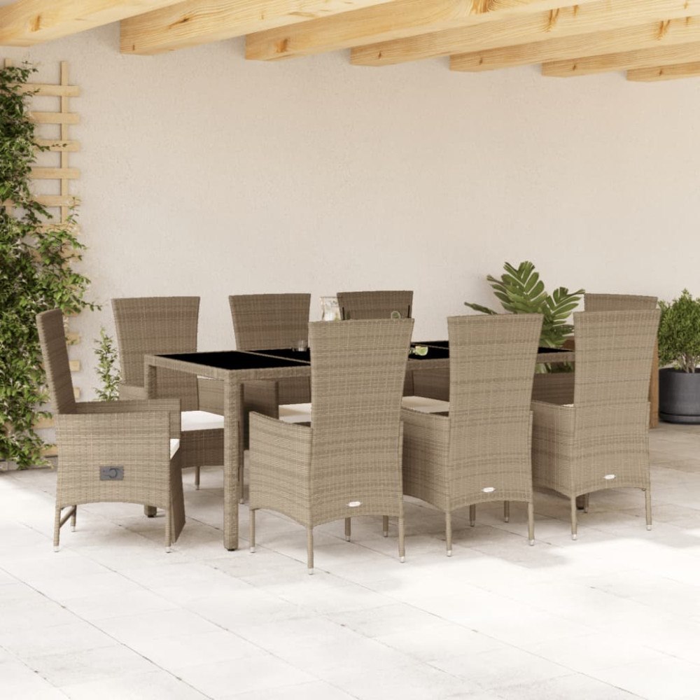 vidaXL Matgrupp för trädgården med dynor 9 delar beige konstrotting