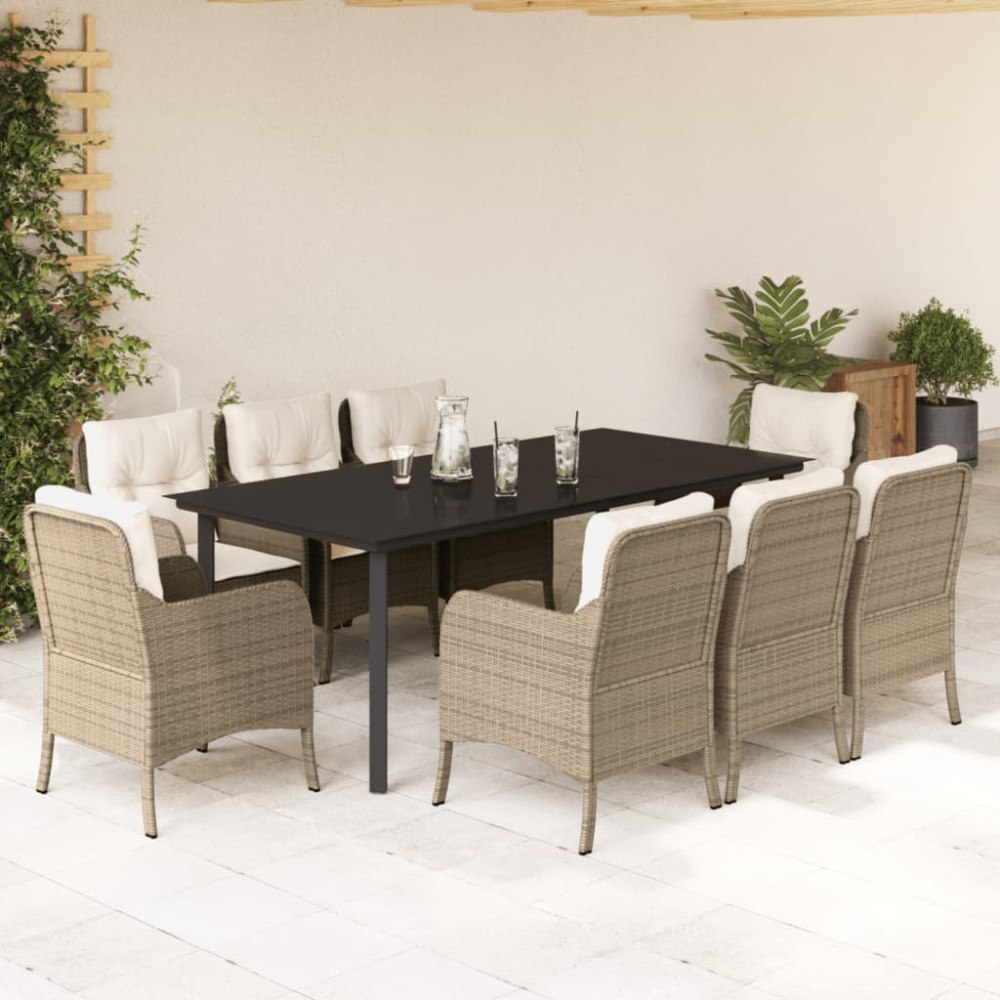 vidaXL Matgrupp för trädgården med dynor 9 delar beige konstrotting