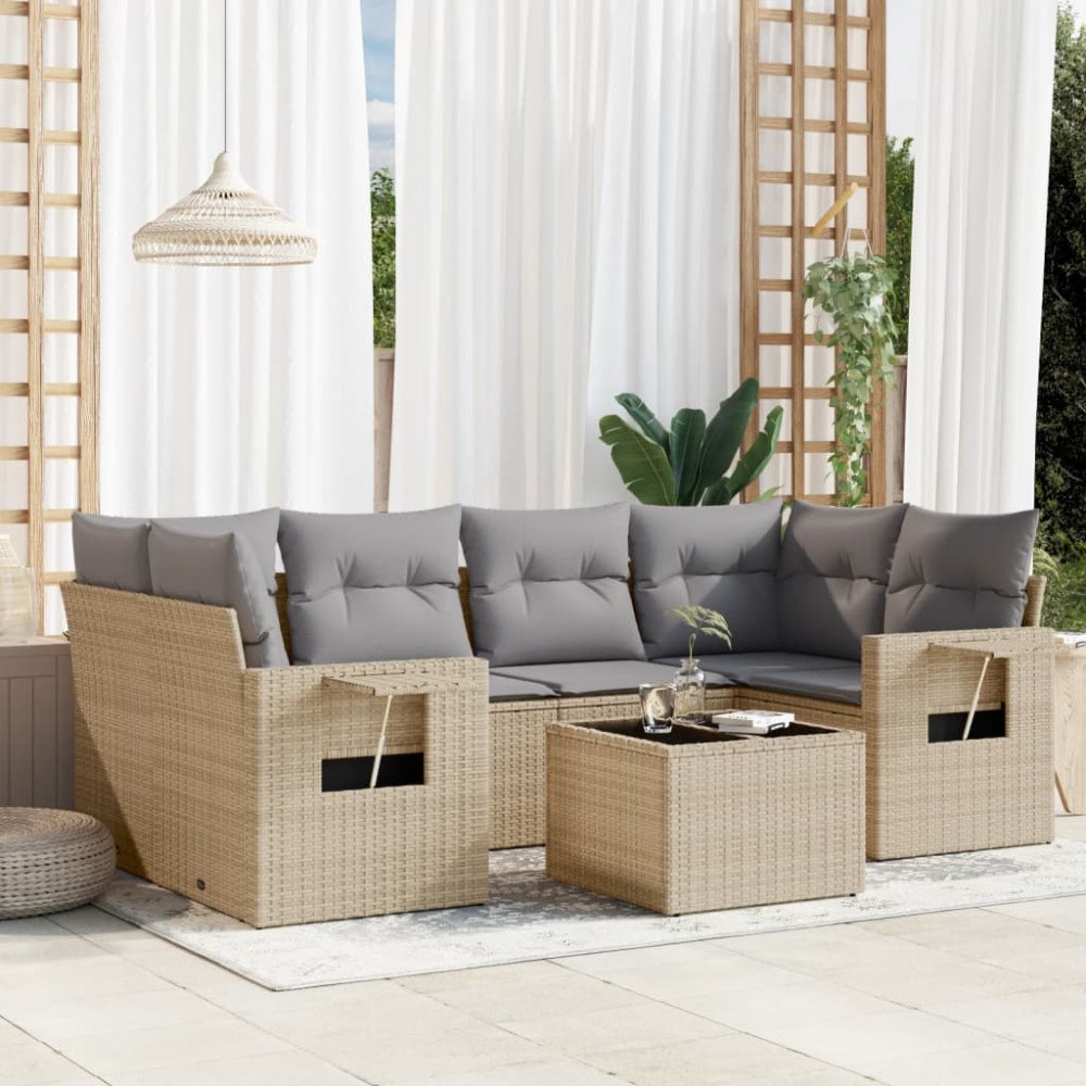 vidaXL Matgrupp för trädgården med dynor 7 delar beige konstrotting