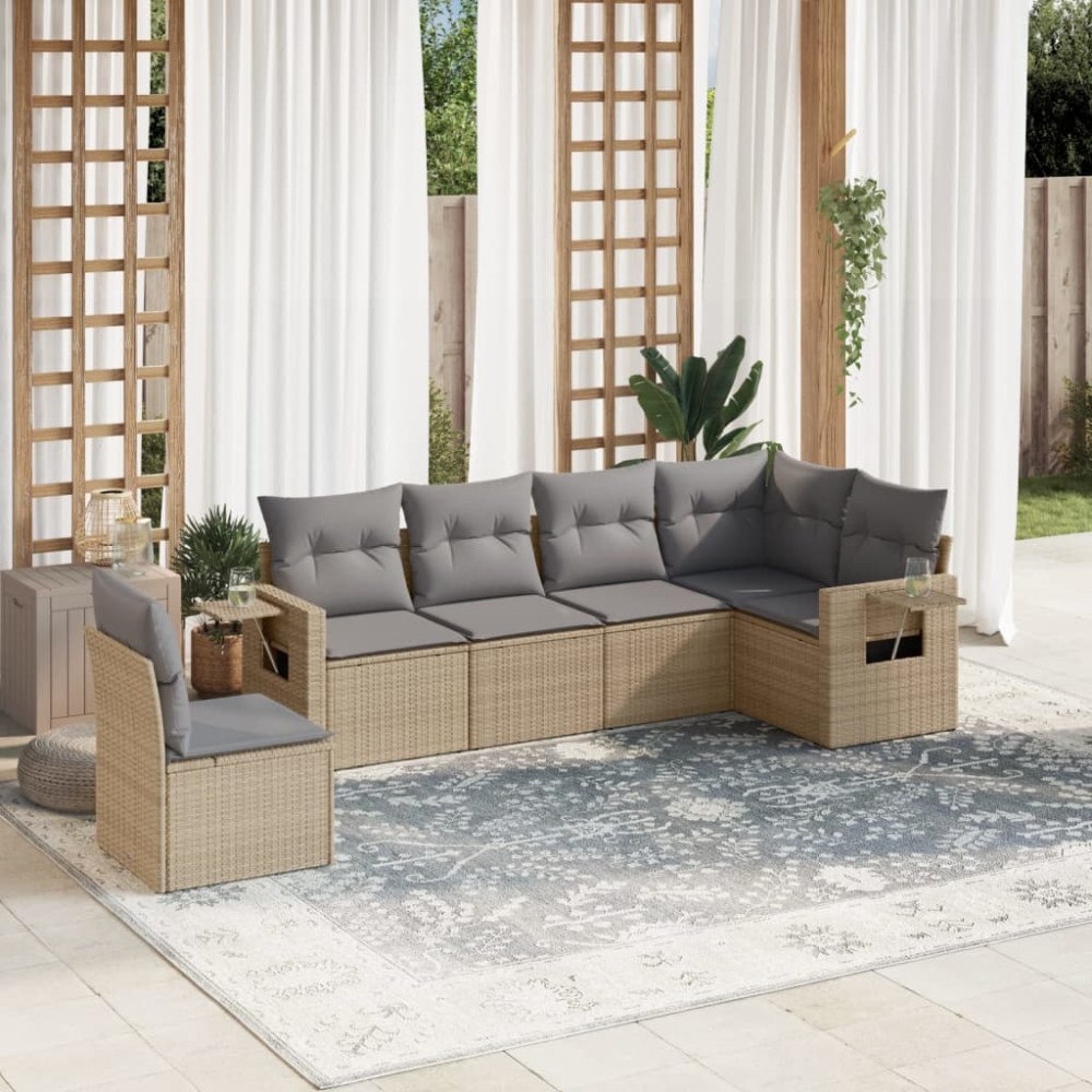 vidaXL Soffgrupp för trädgården med dynor 6 delar beige konstrotting