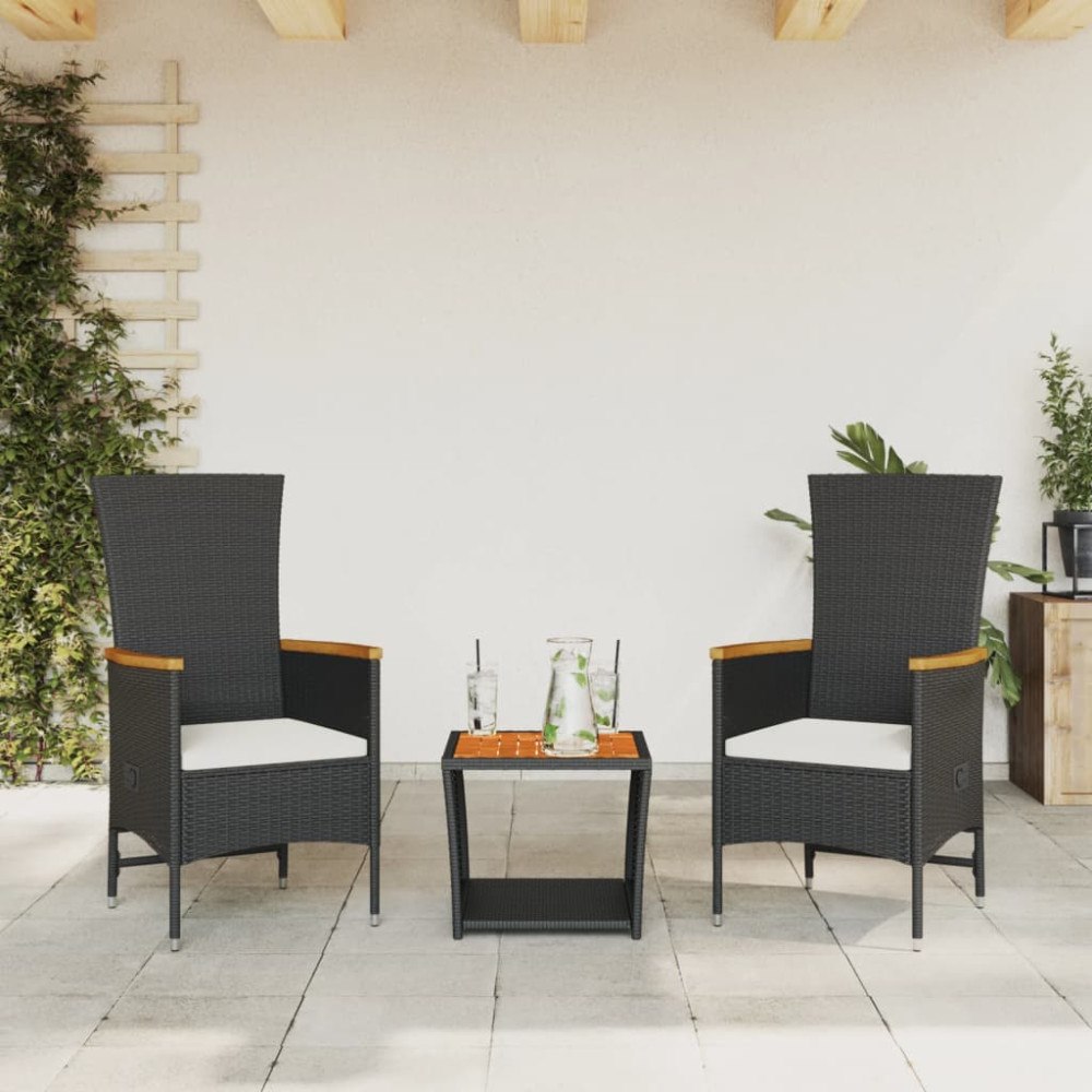 vidaXL Matgrupp för trädgården med dynor 3 delar svart konstrotting