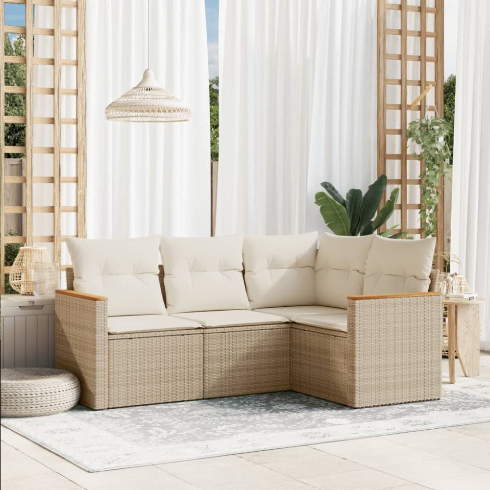 vidaXL Soffgrupp för trädgård med dynor 4 delar beige konstrotting
