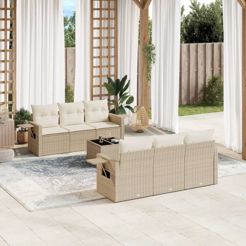 vidaXL Matgrupp för trädgården med dynor 7 delar beige konstrotting