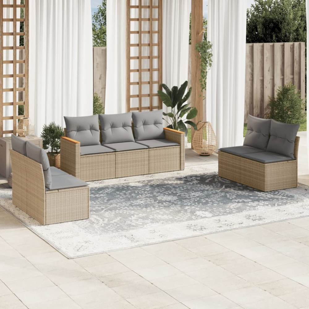 vidaXL Soffgrupp för trädgård med dynor 7 delar mixbeige konstrotting