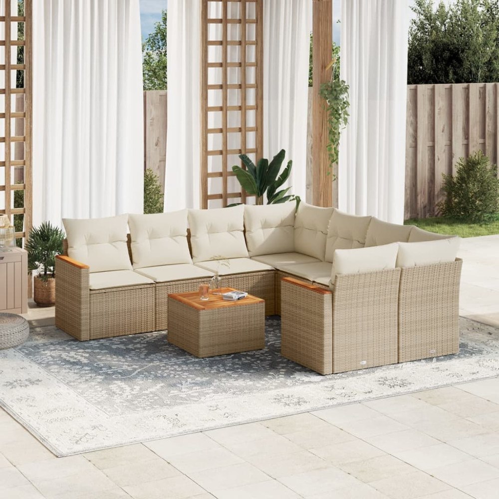 vidaXL Soffgrupp för trädgården med dynor 9 delar beige konstrotting