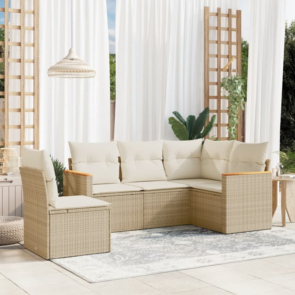 vidaXL Soffgrupp för trädgården med dynor 5 delar beige konstrotting