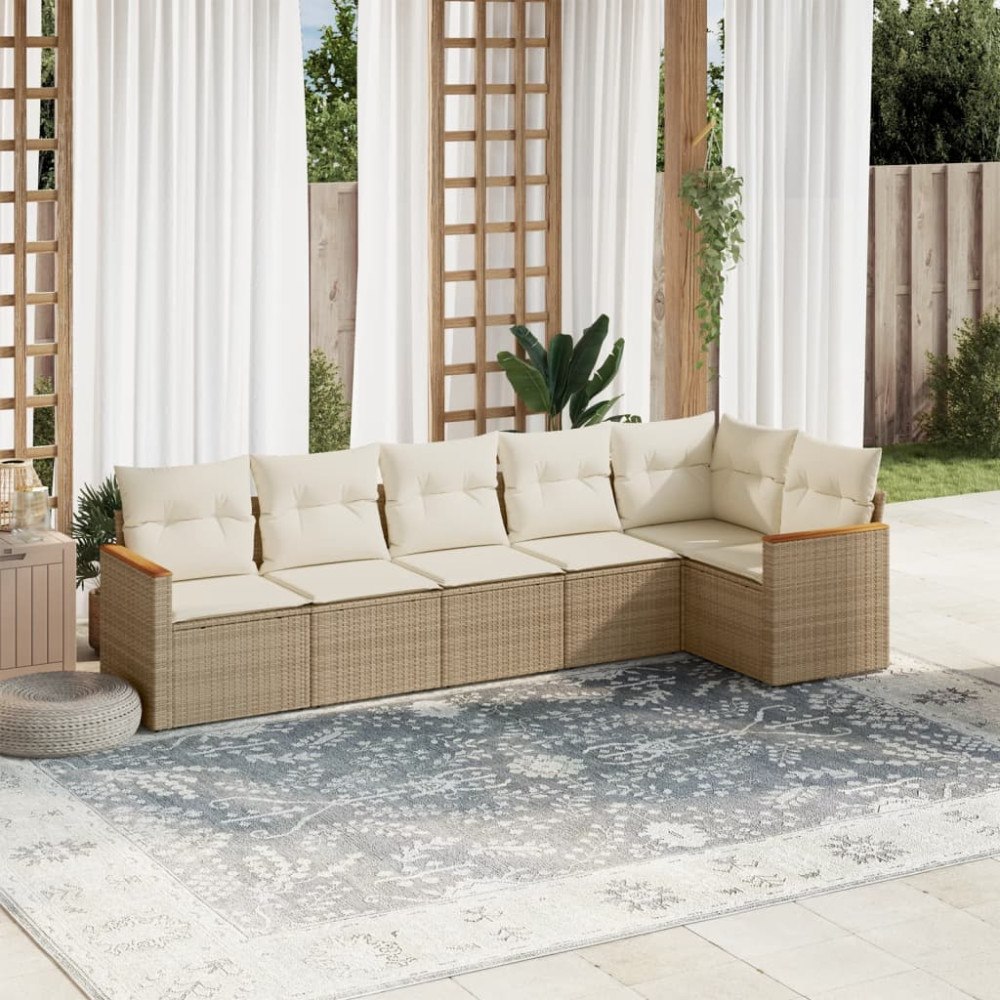 vidaXL Soffgrupp för trädgården med dynor 6 delar beige konstrotting