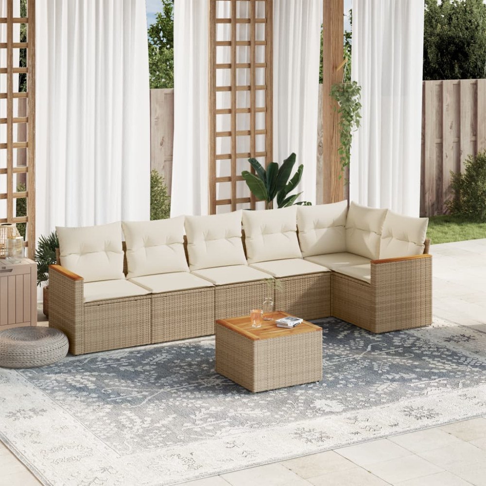 vidaXL Matgrupp för trädgården med dynor 7 delar beige konstrotting
