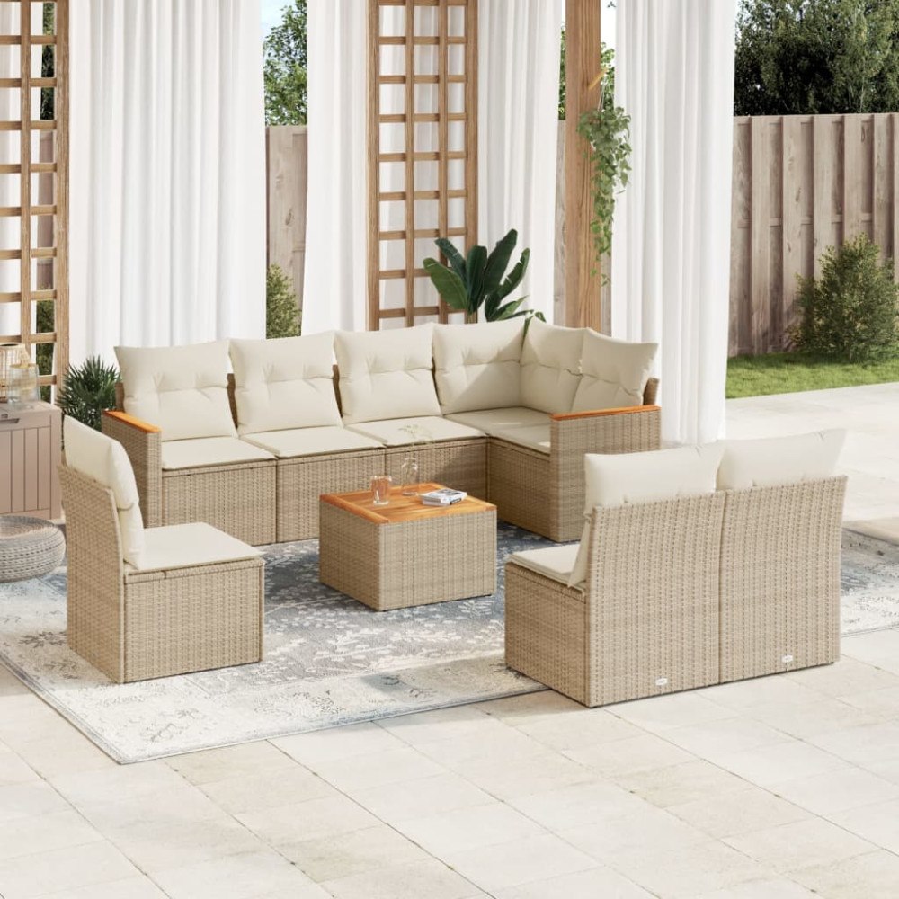 vidaXL Soffgrupp för trädgården med dynor 9 delar beige konstrotting