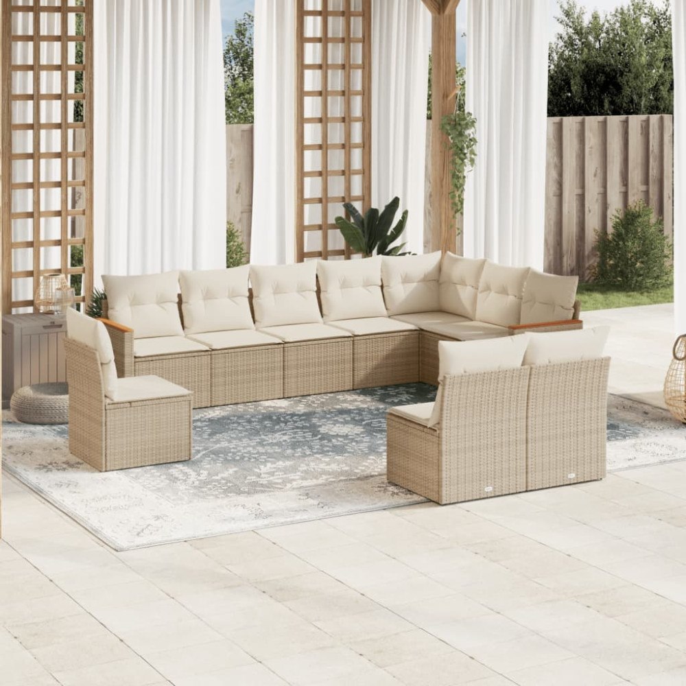vidaXL Soffgrupp för trädgård med dynor 10 delar beige konstrotting